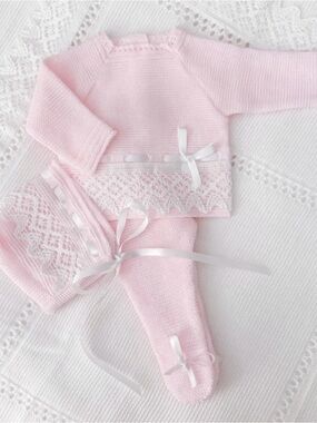 Pink Baby Knit Lace Ribbon Two-Piece Set